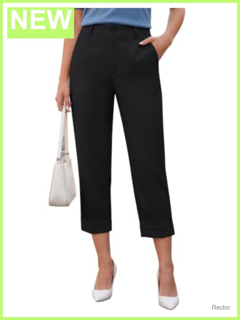 Dressy Capri Pants High Waist Cuffed Hem Work Slacks Stretch Twill